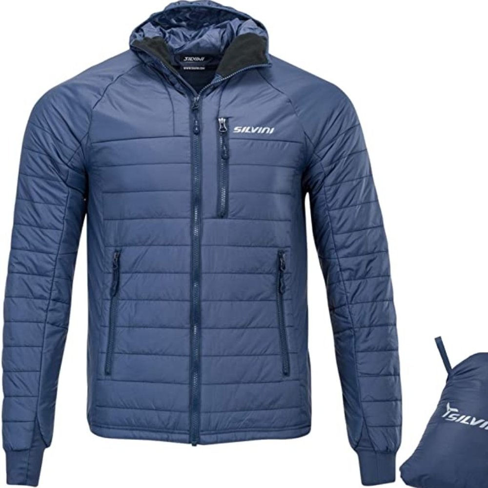 Silvini Men RUTOR Light Puffer Ski Jacket Navy Blue Hooded Down Insulated Nylon